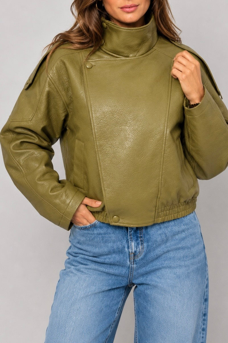 Oversized Leather Jacket | Olive