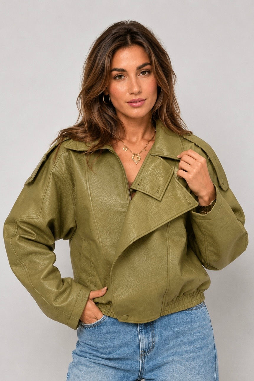 Oversized Leather Jacket | Olive